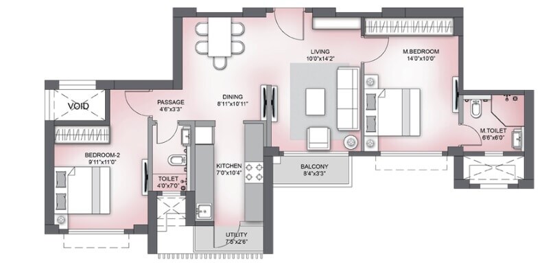 Floor plan of 2 BHK 661 Sq. Ft. Apartment in Birla Vanya, Thane