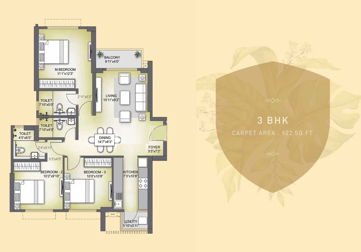 Floor plan of 3 BHK 922 Sq. Ft. Apartment in Birla Vanya, Thane