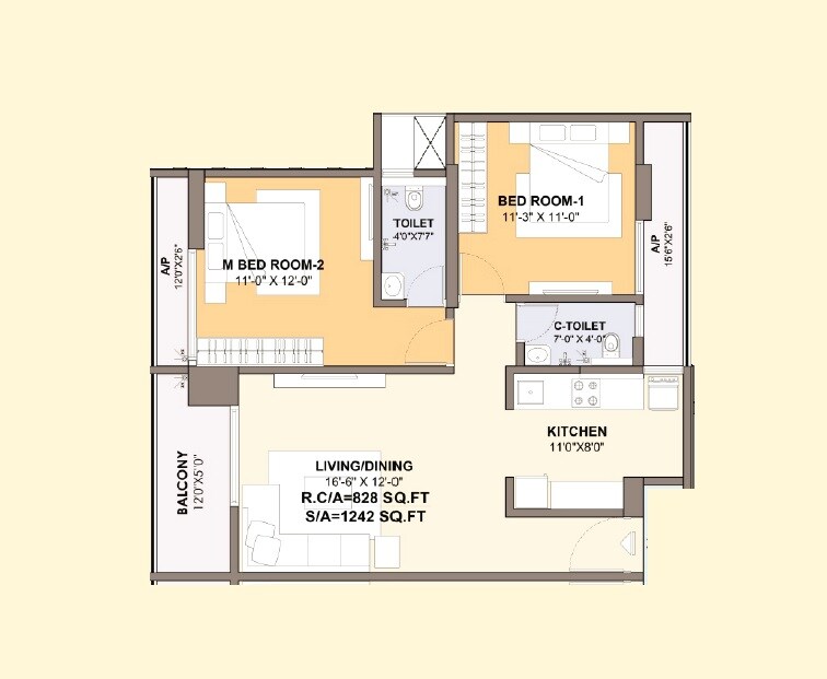 Floor plan of 2 BHK 828 Sq. Ft. Apartment in Blissful Jogani Pride, Thane