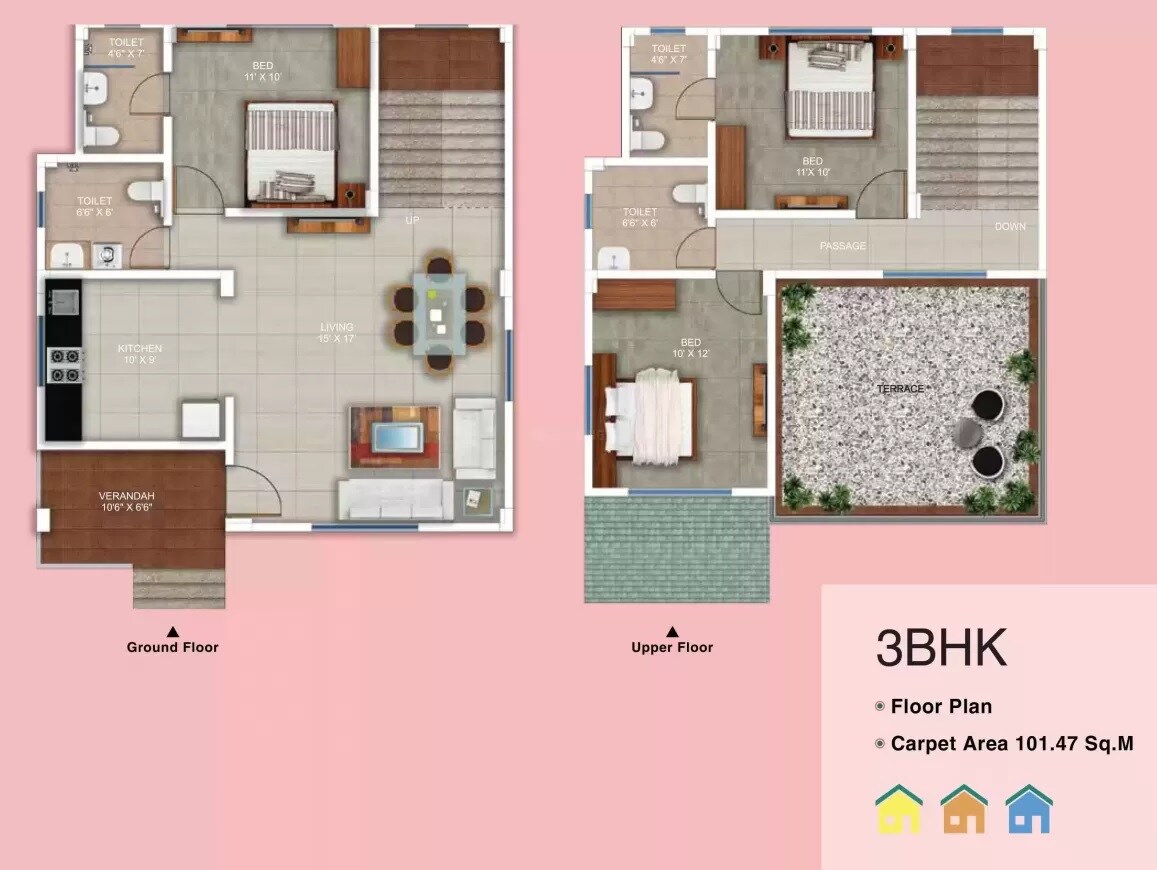 Floor plan of 3 BHK 1092 Sq. Ft. Villa in BLW Euro Ville Phase 2, Thane