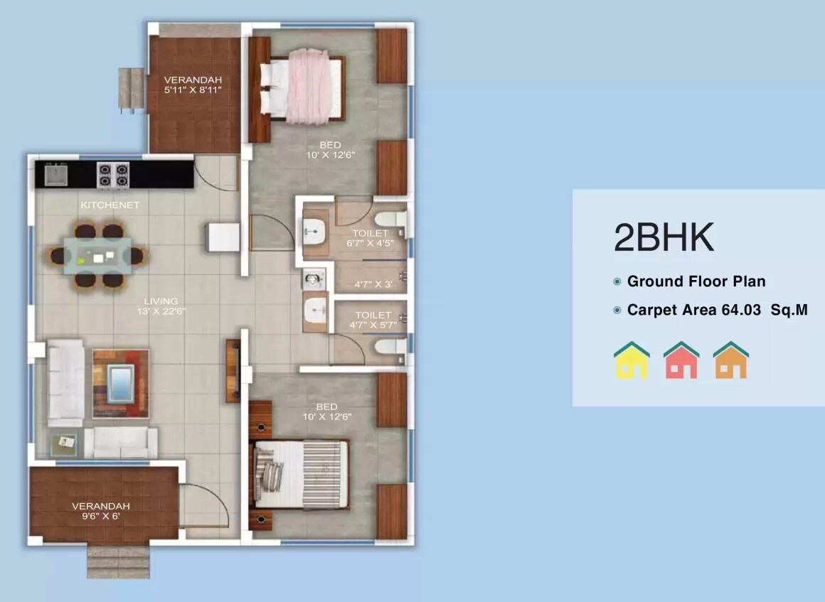 Floor plan of 2 BHK 689 Sq. Ft. Villa in BLW Euro Ville, Thane