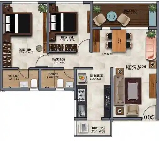 Floor plan of 2 BHK 536 Sq. Ft. Apartment in BSR Sagar Kunj Highland, Thane