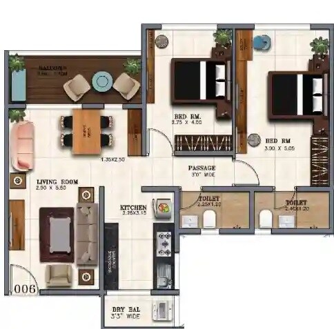 Floor plan of 2 BHK 698 Sq. Ft. Apartment in BSR Sagar Kunj Highland, Thane