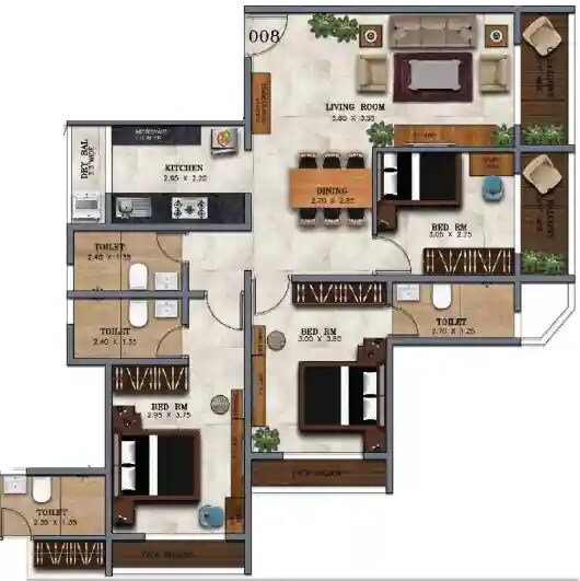 Floor plan of 3 BHK 828 Sq. Ft. Apartment in BSR Sagar Kunj Highland, Thane