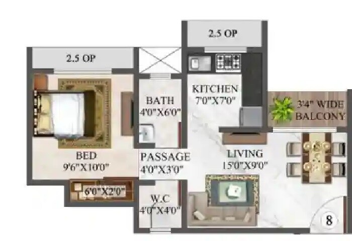 Floor plan of 1 BHK 400 Sq. Ft. Apartment in Buildtech Om Square, Thane