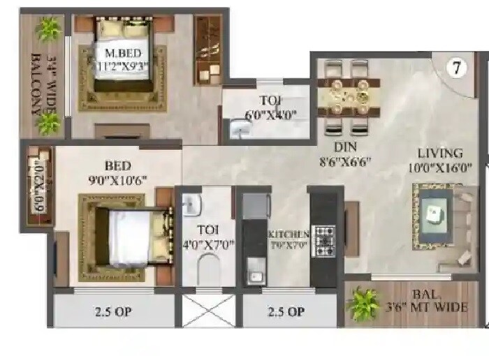 Floor plan of 2 BHK 581 Sq. Ft. Apartment in Buildtech Om Square, Thane