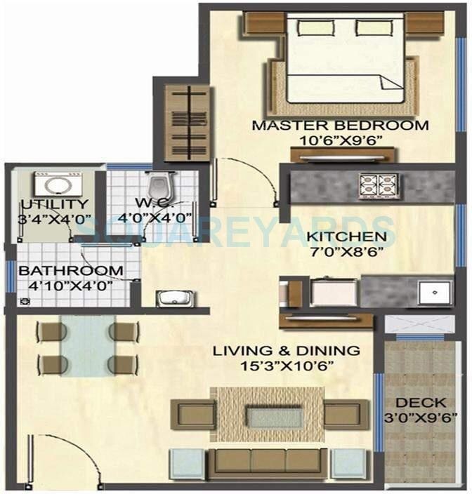 Floor plan of 1 BHK 639 Sq. Ft. Apartment in Casa RioGold, Thane