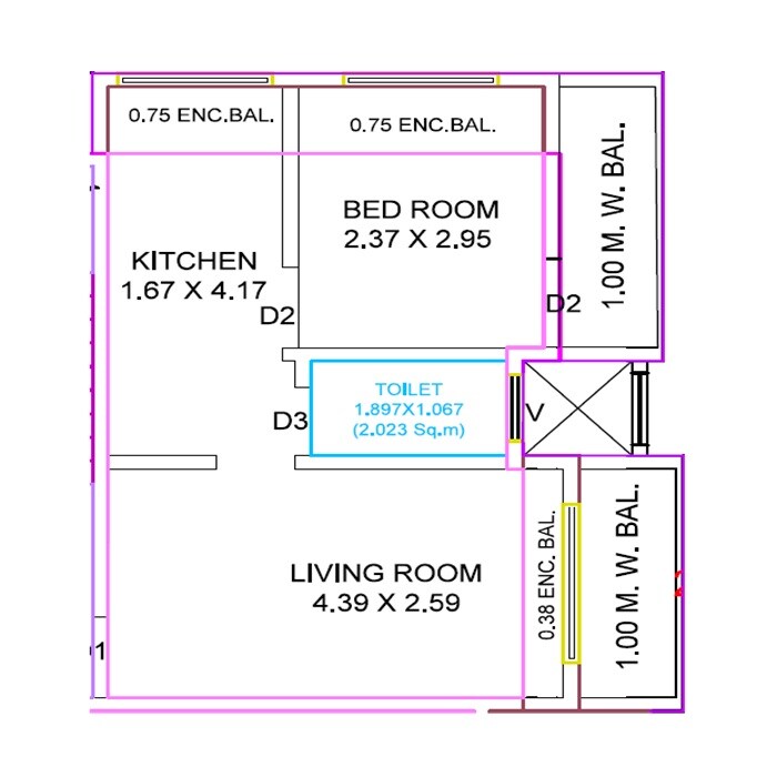 Floor plan of 1 BHK Apartment - 357 sq. ft. in Chahat Paradise Height, Thane