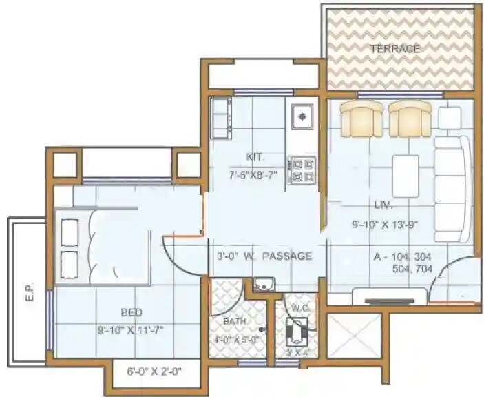 Floor plan of 1 BHK 460 Sq. Ft. Apartment in Charms City, Thane