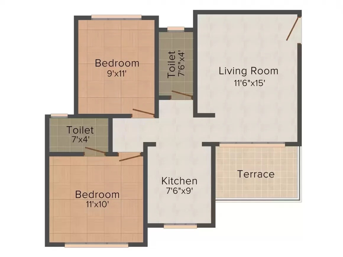 Floor plan of 2 BHK 637 Sq. Ft. Apartment in Charms Corner, Thane