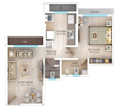 Floor plan of 1 BHK 429 Sq. Ft. Apartment in Charms Global City, Thane