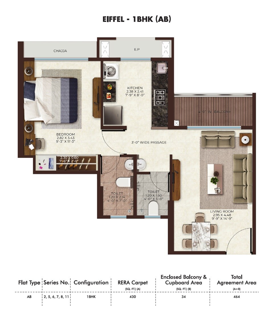 Floor plan of 1 BHK 464 Sq. Ft. Apartment in Charms Global City, Thane