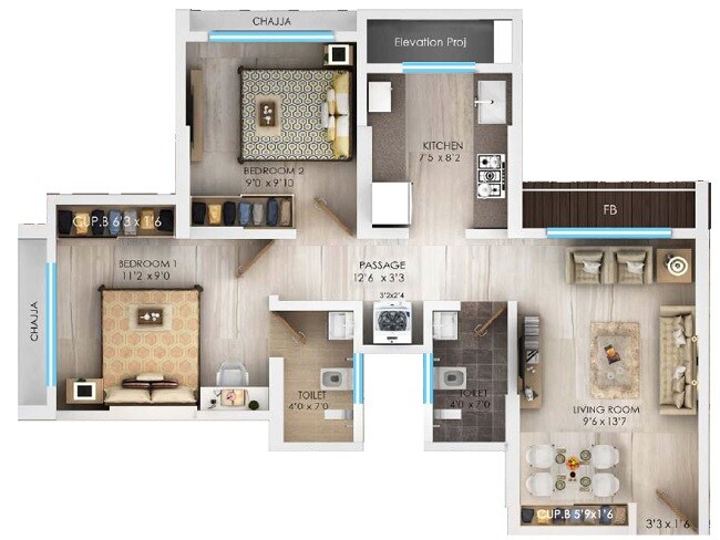Floor plan of 2 BHK 585 Sq. Ft. Apartment in Charms Global City, Thane