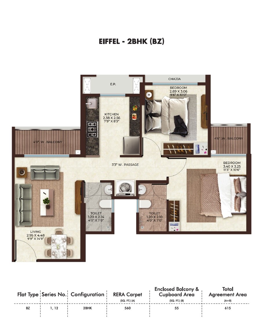 Floor plan of 2 BHK 615 Sq. Ft. Apartment in Charms Global City, Thane