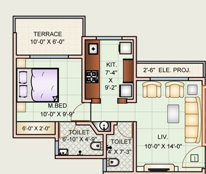 Floor plan of 1 BHK 411 Sq. Ft. Apartment in Charms Heights, Thane