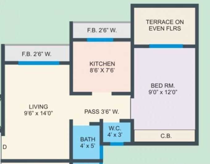 Floor plan of 1 BHK 399 Sq. Ft. Apartment in Charms Park, Thane