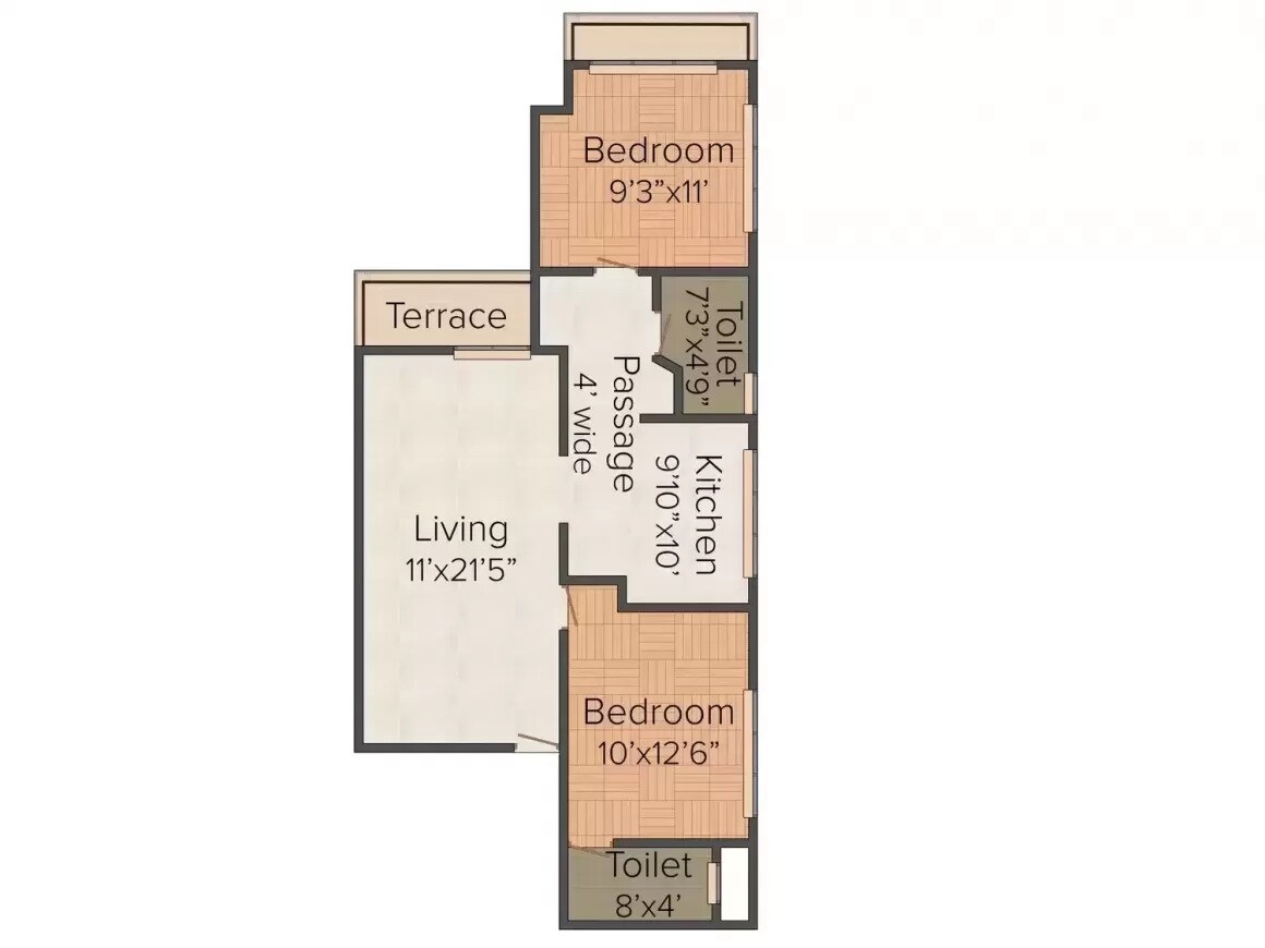 Floor plan of 2 BHK 1060 Sq. Ft. Apartment in Charms Star, Thane