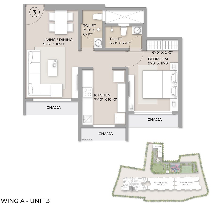 Floor plan of 1 BHK 447 Sq. Ft. Apartment in Chheda Avighna, Thane
