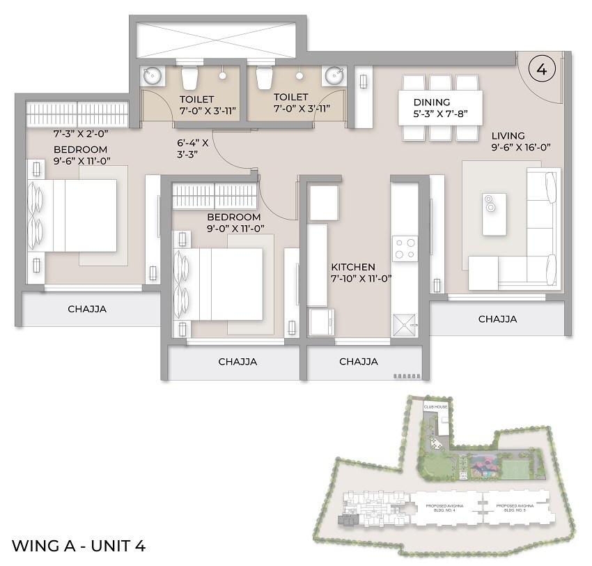 Floor plan of 2 BHK 637 Sq. Ft. Apartment in Chheda Avighna, Thane