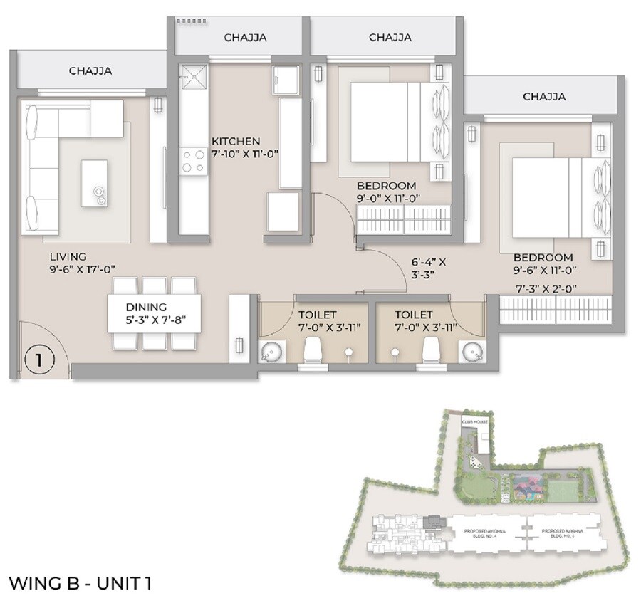 Floor plan of 2 BHK 647 Sq. Ft. Apartment in Chheda Avighna, Thane
