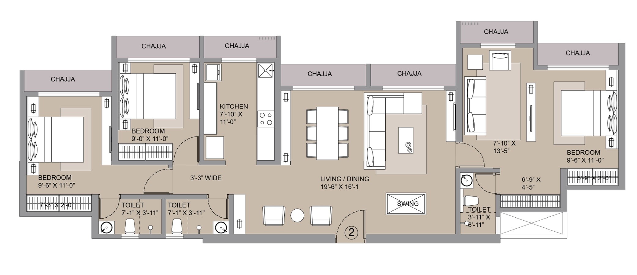 Floor plan of 3 BHK 1104 Sq. Ft. Apartment in Chheda Avighna, Thane