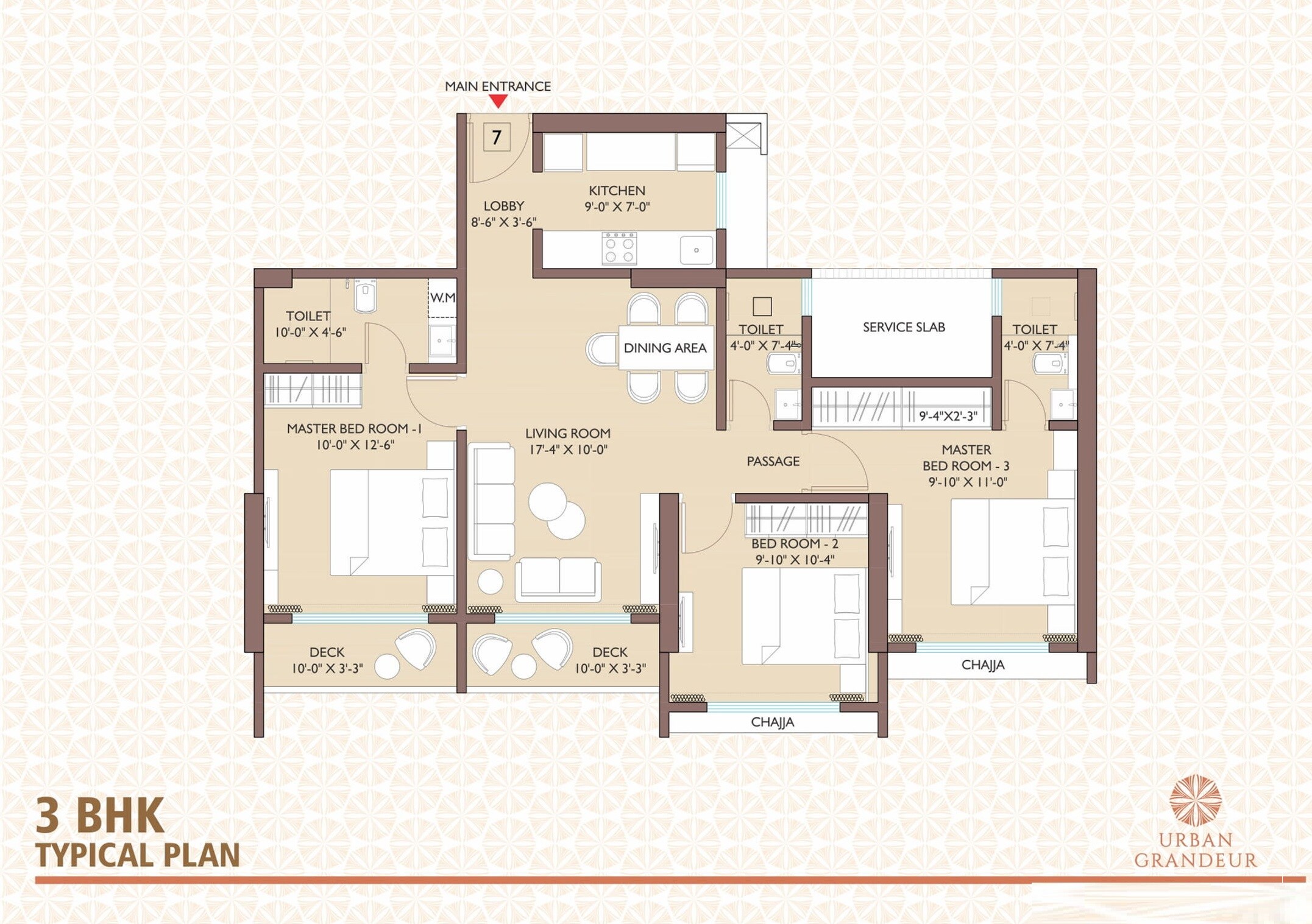 Floor plan of 3 BHK 936 Sq. Ft. Apartment in Cllaro Urban Grandeur, Thane