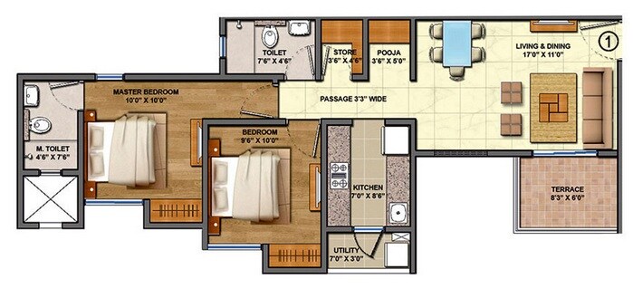 Floor plan of 2 BHK 638 Sq. Ft. Apartment in Codename The Centre, Thane