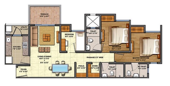 Floor plan of 3 BHK 907 Sq. Ft. Apartment in Codename The Centre, Thane