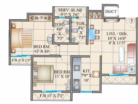 Floor plan of 2 BHK 642 Sq. Ft. Apartment in Cosmos 27 GBR, Thane