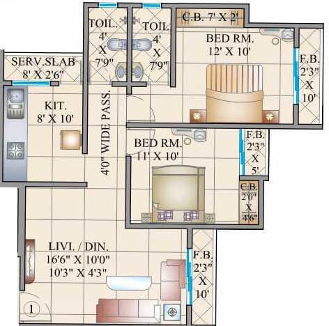Floor plan of 2 BHK 668 Sq. Ft. Apartment in Cosmos 27 GBR, Thane