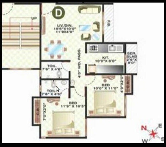 Floor plan of 2 BHK 666 Sq. Ft. Apartment in Cosmos Angel, Thane