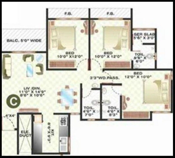 Floor plan of 3 BHK 929 Sq. Ft. Apartment in Cosmos Angel, Thane