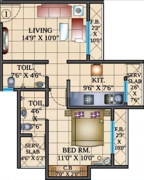 Floor plan of 1 BHK 456 Sq. Ft. Apartment in Cosmos Habitat, Thane