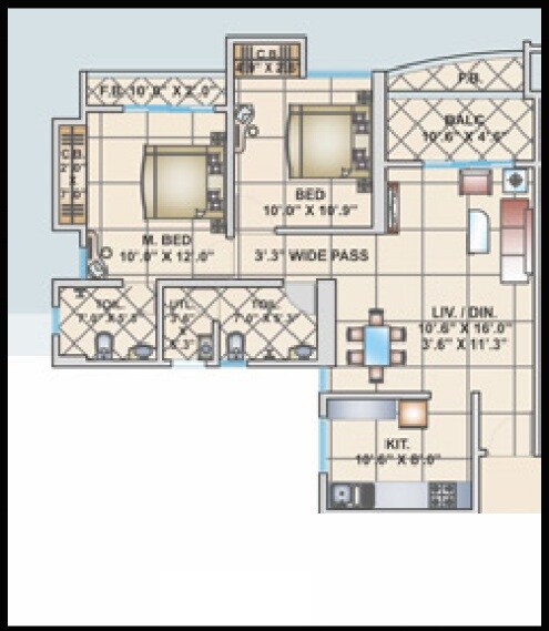Floor plan of 2 BHK 676 Sq. Ft. Apartment in Cosmos Horizon, Thane