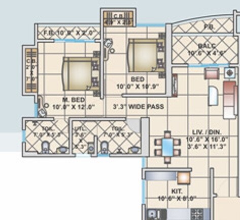Floor plan of 2 BHK 720 Sq. Ft. Apartment in Cosmos Horizon, Thane