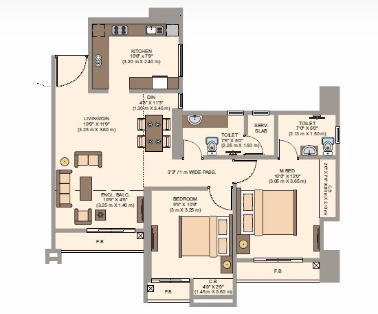 Floor plan of 3 BHK 980 Sq. Ft. Apartment in Cosmos Horizon Phase 2, Thane