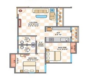 Floor plan of 2 BHK 687 Sq. Ft. Apartment in Cosmos Jewels Solitaire, Thane