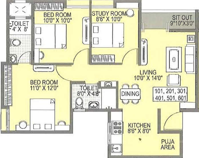 Floor plan of 3 BHK 960 Sq. Ft. Apartment in Cosmos Jewels Solitaire, Thane