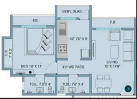Floor plan of 1 BHK 451 Sq. Ft. Apartment in Cosmos Meluha, Thane