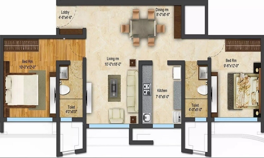 Floor plan of 2 BHK 736 Sq. Ft. Apartment in Cosmos Merry Park, Thane