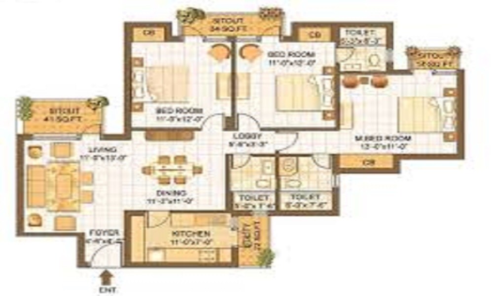 Floor plan of 3 BHK 1460 Sq. Ft. Apartment in Cosmos Merry Park, Thane
