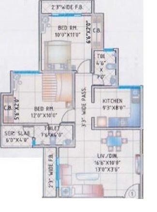 Floor plan of 2 BHK 651 Sq. Ft. Apartment in Cosmos Orchid, Thane