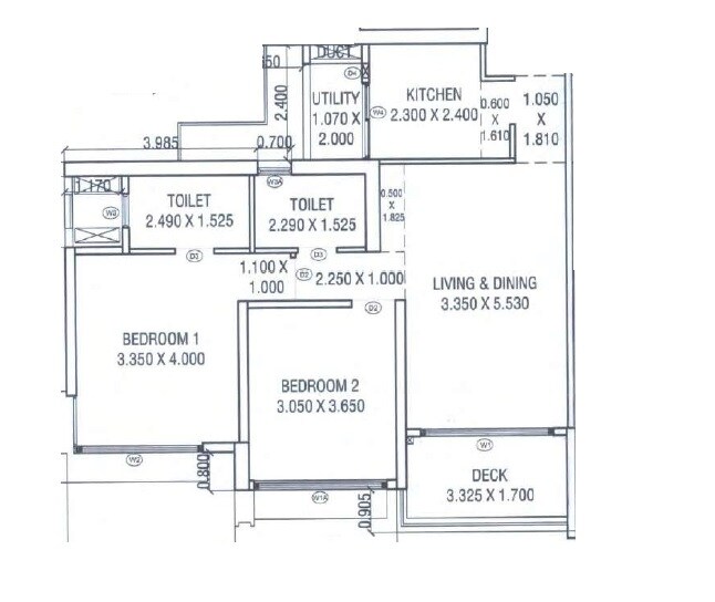 Floor plan of 2 BHK 519 Sq. Ft. Apartment in Courtyard by Narang Realty and The Wadhwa Group, Thane