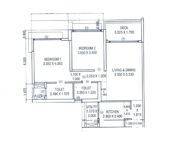 Floor plan of 2 BHK 542 Sq. Ft. Apartment in Courtyard by Narang Realty and The Wadhwa Group, Thane