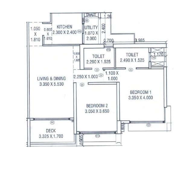 Floor plan of 2 BHK 685 Sq. Ft. Apartment in Courtyard by Narang Realty and The Wadhwa Group, Thane