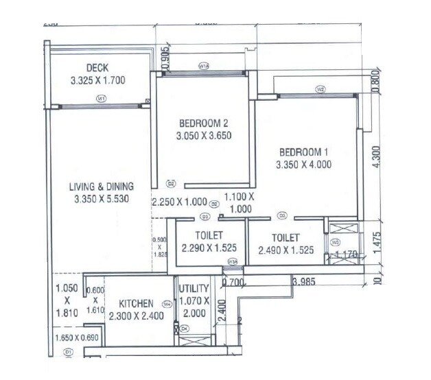 Floor plan of 2 BHK 706 Sq. Ft. Apartment in Courtyard by Narang Realty and The Wadhwa Group, Thane
