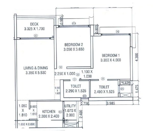 Floor plan of 2 BHK 830 Sq. Ft. Apartment in Courtyard by Narang Realty and The Wadhwa Group, Thane