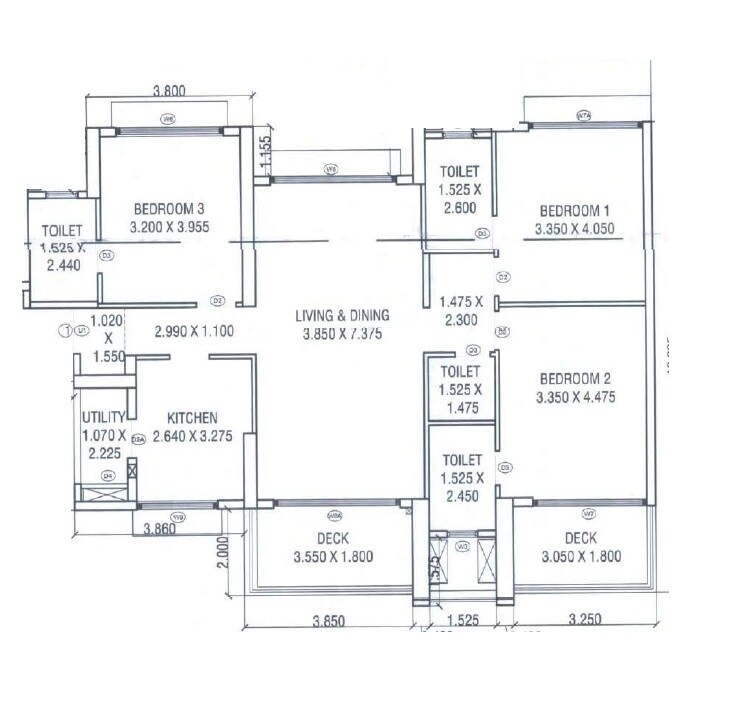 Floor plan of 3 BHK 1160 Sq. Ft. Apartment in Courtyard by Narang Realty and The Wadhwa Group, Thane