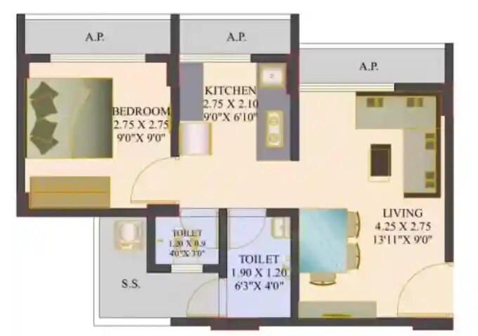 Floor plan of 1 BHK 337 Sq. Ft. Apartment in Crown Residency Mumbra, Thane