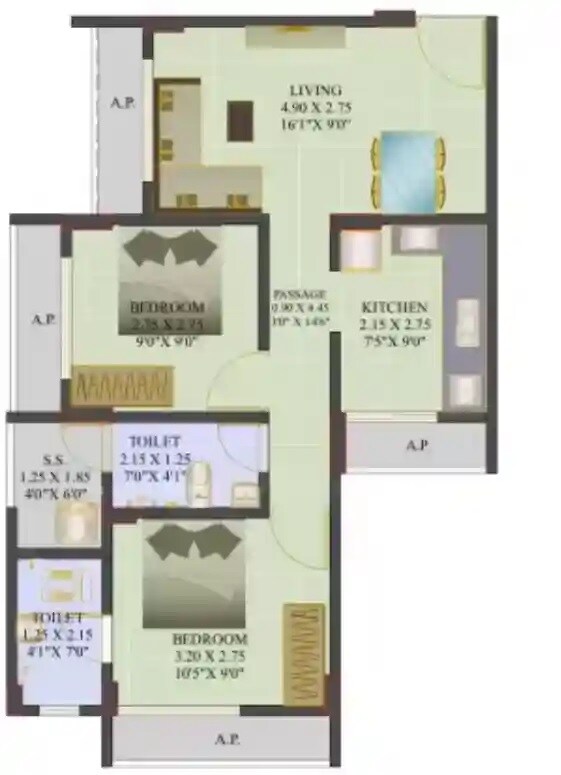 Floor plan of 2 BHK 481 Sq. Ft. Apartment in Crown Residency Mumbra, Thane